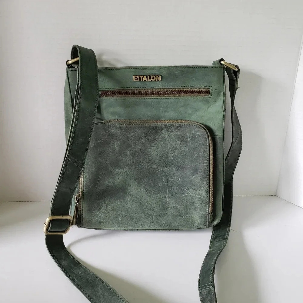 Estalon Womans Dark Green  Leather Crossbody Bag.